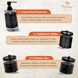 Autumn Alley Farmhouse Matte Black Bathroom Accessories Set (4 PCS) - Lotion Soap Dispenser, Black Toothbrush Holder Set, 2 Glass Apothecary Jars (Qtip Holder) - Rustic Bathroom Accessories Set