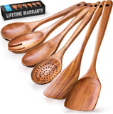 Zulay Kitchen 6-Piece Wooden Spoons for Cooking - Smooth Finish Teak Wood Utensils - Soft Comfort-Grip Cooking Wood Spoons Non-Stick Teak Easy to Clea