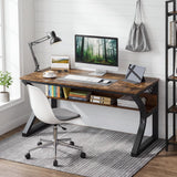 LUKYRA 47 Inch Computer Desk with Storage, Office Desk, Large Legroom, Sturdy U-Shaped Metal Frame Study Table, Home Rustic Brown