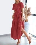 BTFBM Womens Summer 2026 Casual Midi Maxi Dresses Lightweight Short Sleeve V Neck Elastic Waist Boho Beach Dress Pockets(Red, X-Large)