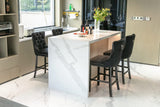 MOOLSUN Set of 4 Blue Velvet Bar Stools - Classic Fixed Height Design with Button Tufted Seat, Solid Wood Frame & Chrome Nailheads, Perfect for Standard Kitchen Island & Home Bar,Black(Wood Leg)