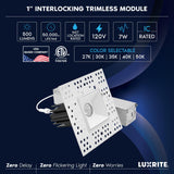 LUXRITE 1-Inch LED Recessed Trimless Spotlight with Junction Box, Twist N' Lock & Interlocking Trim, 5CCT 2700K-5000K, 7W, 500LM, CRI90, 38° Beam Angle, Dimmable, IC Rated, Wet Rated, ETL (4 Pack)