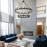 HHR 48 Inch 2 Tier Wagon Wheel Chandelier, 36-Light Extra Large Black Round Chandelier, Rustic Farmhouse Light Fixture for High Ceilings, Dining Room Living Room Foyer Entryway