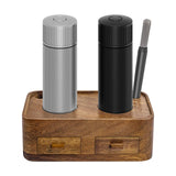 Luvan Professional Salt and Pepper Mill Set with Wooden Stand, Top Button Lock, Heavy Duty Aluminum Manual Pepper Grinder with Adjustable Coarseness, Gift Set for Friends & Family