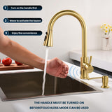 BLYLUND Touchless Kitchen Faucet with Pull-Down Sprayer, Kitchen Sink Faucet Brushed Gold Faucets with Soap Dispensor, Single Handle Hands-Free Sensor Suitable for 1 to 4 Hole Sink, Stainless Steel