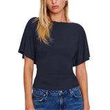 SeeLuNa Women Cinched Waist Shirts Stretchy Dolman Sleeve Boat Neck Knit Top Trendy Streetwear Outfits Basic Workout Tee Tops(Navy,XS)