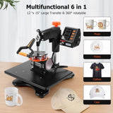Heat Press Machine 12 x 15 inch 6 in 1 Heat Transfer Machine 360-Degree Swing Away Multifunction Sublimation Combo Heat Press Towallmark