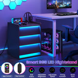 PIXOURA LED Nightstand with Charging Station, Modern Night Stand with 3 Slanted Drawers & LED Lights, Wood Bedside Table End Side Table for Bedroom, Office, Black