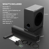 Sound Bar Speakers Bluetooth Wireless, TV Speakers Sound Bar Subwoofer, Home Theater Surround Sound Bar HDMI(ARC) Optical AUX USB 2.1ch Home Audio Sound System TV PC Gaming Wall Mount 3EQ, Black