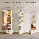 Lvifur 360° Swivel Jewelry Cabinet with Light and Side Sliding Door for Bedroom White,Standing Jewelry Armoires with Full Length Mirror&3 Photo Frames&Drawer&Movable Wheels for Cloakroom,Dressing Room