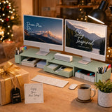 OPNICE Desk Organizers and Accessories, Dual Monitor Stand Riser with Drawer and 2 Pen Holders, Desk Shelf Computer Racks & Printer Stand for Office Workspace Organizers, Desktop Organization (Sage Green)