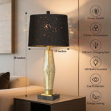 QiMH Glass Table Lamps for Bedroom Set of 2, Modern Beside Lamp with USB A+C Charging Ports, Nightstand Lamps for Living Room with Black Star Lampshade, Rotary Switches, Black Gold