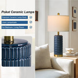 PoKat Touch Bedside Table Lamps with USB Ports for Bedroom, 25'' Dimmable Nightstand Touch Lamps for Living Room, Blue Ceramic Lamps with Gold Base for Night Stands Bedroom, Nursery, Dark Blue