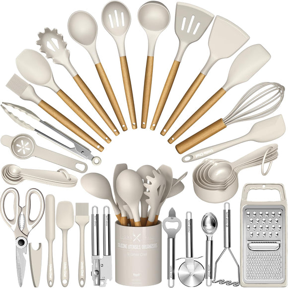Kitchen Utensil Set, 34PCS Heat Resistant Kitchen Gadgets and Tools With Grater, Wood Handles for Nonstick Cookware Umite Chef
