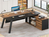 Executive Desk with File Cabinet, Large Office Desk with Drawers and Shelves, L Shaped Computer Desk with Power Outlets