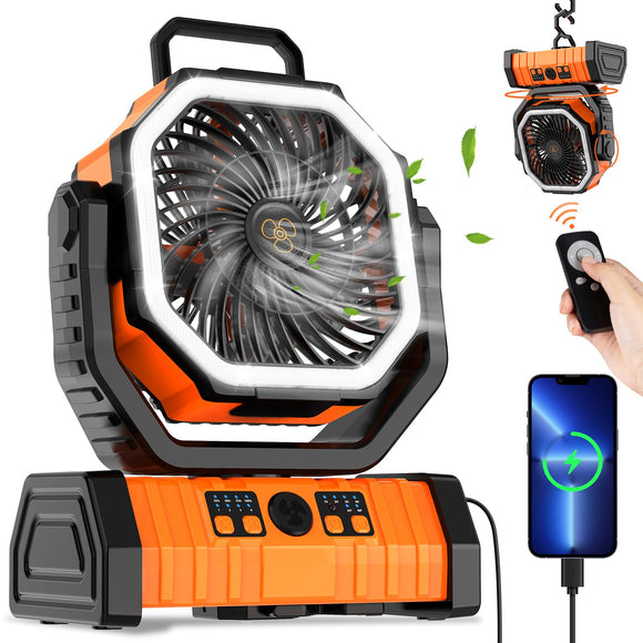 Camping Fan Rechargeable, 20000mAh Large Battery Powered Fan, 4 Speed Rechargeable Fan Portable with Remote, Battery Operated Fan with LED Light and Hanging Hook, Cordless Fan for Tent Picnic Outdoor ZioeYiue