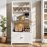 DWVO White Baker Rack with Power Outlet and Storage, Farmhouse Microwave Stand with Door for Kitchen, 5-Tiers Tall Coffee Bar Station Cabinet Thickened Counter with Hutch Shelves