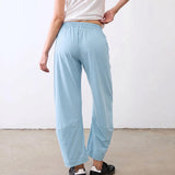 SeeLuNa Women Barrel Travel Pants Elastic Waistband Tapered Leg Baggy Mid Rise Work Trousers Lounge Pant with Pockets(Light-Blue,S)