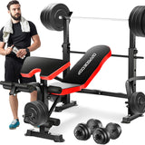 OPPSDECOR 6 in 1 900LBS Weight Bench with Leg Extension and Leg Curl, Foldable Bench Press Set and Squat Barbell Rack with Preacher Curl (Red)