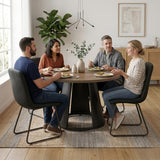 HIPIHOM 47.2" Round Dining Table Set for 4, Modern Wood Table with 4 Upholstered Leather Chairs, Metal Pedestal Base, Space-Saving Kitchen Dining Set (Black&Walnut Color, Set for 4)