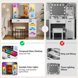 MDGC Makeup Vanity Desk with Mirror and RGB Lights,Glass Top Vanity Table with Wireless Charging & Stool,Vanity Set with 6 Drawers & Storage Cabinet & Makeup Organizer，Bedroom（White）