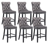 MOOLSUN Set of 6 Blue Velvet Bar Stools - Classic Fixed Height Design with Button Tufted Seat, Solid Wood Frame & Chrome Nailheads, Perfect for Standard Kitchen Island & Home Bar,Gray(Wood Leg)