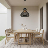 Modern 1-Light Matte Black Outdoor Coastal Boho 20 in. Scalloped Pendant Light for Patio with Wicker Rattan Shade