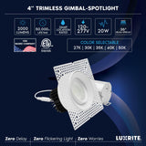 LUXRITE 4-Inch LED Trimless Gimbal Spotlight with J-Box, Push-N-Lock, 5CCT 2700K-5000K, 360° Rotation & 15° Tilt, 20W 2000LM, CRI90, Dual Dimmable (TRIAC/0-10V), Damp Rated, ETL Listed (4 Pack)