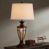 John Timberland Mission Cage Table Lamps 33" Tall Set of 2 with Nightlight Lantern Brushed Iron Brown Beige Fabric Shade for Living Room Bedroom House Bedside Nightstand Home Office Entryway