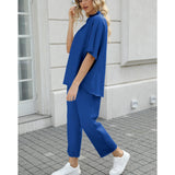 SeeLuNa Women's Two Piece Outfits 3/4 Batwing Sleeve Capelet Crew Neck Pullover Top Wide Leg Pants Lounge Set(Dark-Blue, L)