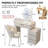 Quvex 23.6" Compact Makeup Vanity Desk with LED Cloud Mirror & Ambient Light, Sintered Stone Top Vanity Table, 4 Drawers, Petal Chair, Extendable & Reversible Dressing Table, Wall-Flush Design, White