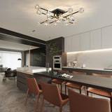 OKES Crystal Sputnik Ceiling Light Fixture，Modern Luxury Black and Gold Chandeliers with 17-Light，Semi Flush Mount Ceiling Light Fixture for Dining Room,Living Room,Kitchen Island,Bedroom.