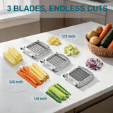 Sopito Professional Stainless Steel French Fry Cutter, 3 Blades (1/2", 3/8", 1/4") for Potatoes, Carrots, Apples, Commercial & Home Use