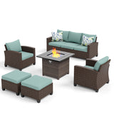 MIXPATIO Patio Furniture Set, 6 Pcs Wicker Rattan Outdoor Conversation Set, 2 x Leg Chairs, 1 x 3 Seater Sofa and 2 x Ottoman with 4" Thick Cushion and 32" Fire Pit Table, Blue