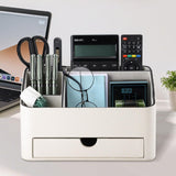 KINGFOM PU Leather Desk Organizer with Drawer, 5 Compartments Desktop Storage Caddy for Office Home Supplies, Pen Holder for Remote Control, Phone & Accessories, Mail Organizer Countertop Ivory White