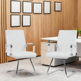 Sidanli Desk Chair No Wheels, Leather Guest Chair with Mid Back Ergonomic Support & Sled Base for Office Reception Conference Room, 2 Pack, White