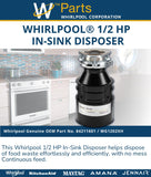 WHIRLPOOL 84211601 GENUINE OEM 1/2 HP In-Sink Disposer Replaces WG1202XH