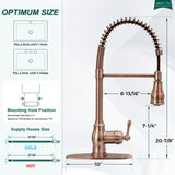 Akicon Antique Copper Pre-Rinse Spring Kitchen Faucet, Single Level Solid Brass Kitchen Sink Faucets with Pull Down Sprayer