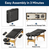 Brelley Massage Table Portable Wooden Lash Bed 24" Wide Adjustable Height 2-Fold Spa Table Foldable Tattoo Bed (Black)