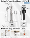 HEYMYTAP Bathroom Vessel Sink Faucet Brushed Nickel, Brass Tall Waterfall Bathroom Faucet 1 Hole Bathroom Sink Faucet Single Handle Bathroom Faucets with Water Lines Pop-Up Drain