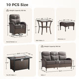 moosprr Luxury Patio Furniture Set with Fire Pit Table, Outdoor Furniture Set with High Back Swivel Chairs & 6-inch Thick Cushions, 10 PCS Fire Pit Patio Set for Yard, Deck, Poolside, Brown/Grey