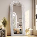 ZHUNFA Arched Full Length Mirror with Solid Wood Frame, 65x22 Farmhouse Wall Mirror Full Length with Stand, Vertical Hanging, Leaning Standing for Bedroom, Living Room, Rustic White