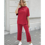 SeeLuNa Women's Two Piece Outfits 3/4 Batwing Sleeve Capelet Crew Neck Pullover Top Wide Leg Pants Lounge Set(Wine Red,XL)