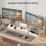 OPNICE Clear Acrylic Desk Organizers and Accessories, Dual Monitor Stand Riser with Drawer and 2 Pen Holders, Desk Shelf Printer Stand for Office Workspace Organizers, Desktop Organization (Transparent)