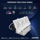 LUXRITE 3-Head Regressed Gimbal LED Recessed Spotlight, 360°+15° Adjustable, 5CCT 2700K-5000K, CRI90, 45W, 3000 Lumens, 60° Beam Angle, Rectangular White Finish, Dual Dimmable, IC & Wet Rated (2 Pack)