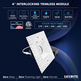 LUXRITE 4 Inch LED Recessed Trimless Spotlight with JBox, Twist N' Lock & Interlocking Trim, 5CCT 2700K-5000K, 15W, 1000LM, CRI90, 38° Beam Angle, Dimmable, IC Rated, Wet Rated, ETL, White (4 Pack)