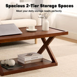 BECHAEO Solid Oak Coffee Table for Living Room, 2-Tier Wooden Coffee Table with Storage Shelf, Modern X-Shaped Base, Heavy Duty 400 lbs Center Table for Home