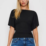 SeeLuNa Women Cinched Waist Shirts Stretchy Dolman Sleeve Boat Neck Knit Top Trendy Streetwear Outfits Basic Workout Tee Tops(Black,XS)