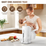 theaoo Heavy-Duty Stainless Steel Paper Towel Holder with Tension Arm – Easy One-Handed Tear, Modern Standing Countertop Dispenser for Kitchen, Holds All Paper Towel Rolls (1, White)