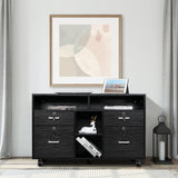 VINGLI Wood Mobile File Cabinet with 4 Drawers and Shelves, Printer Stand with Open Storage, Black